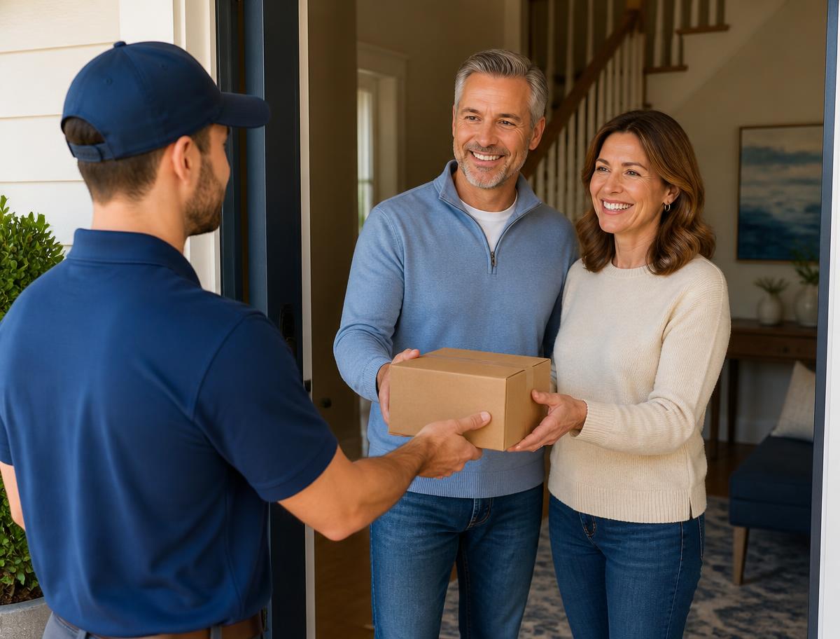 Courier handing a package to a smiling couple at their front door